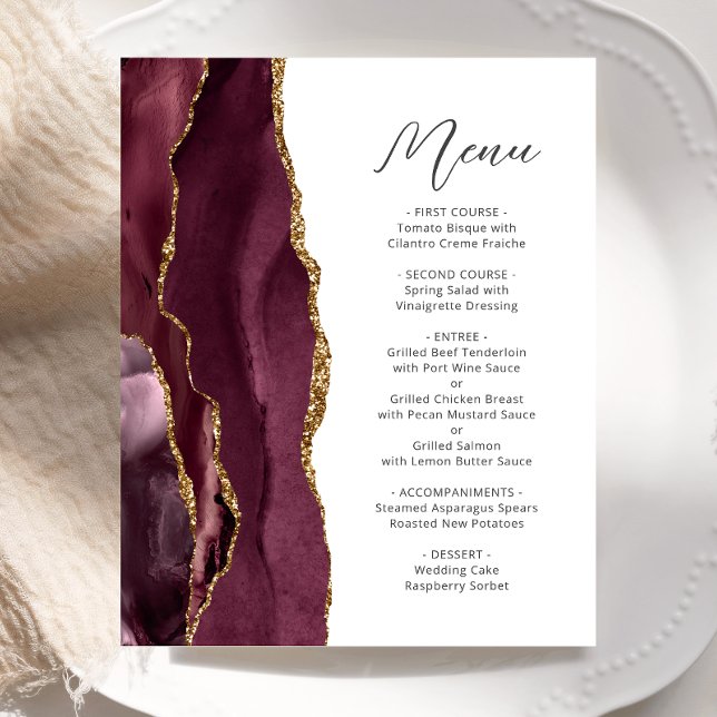 Budget Burgundy Guld Agat Script Bröllopsmeny (Skapare uppladdad)