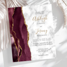Budget Burgundy Guld Agate Marble bröllopsinbjudan