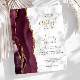 Budget Burgundy Guld Agate Marble bröllopsinbjudan