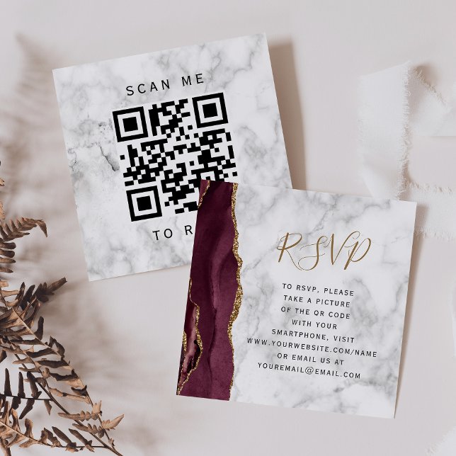 Budget Burgundy Guld Agate Marble QR Code OSA Tilläggskort (Skapare uppladdad)