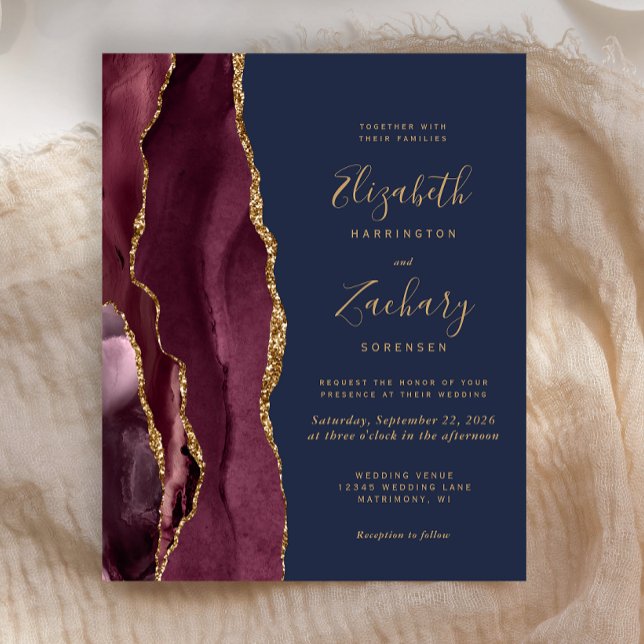Budget Burgundy Guld Agate Navy Wedding bjudande i (Skapare uppladdad)