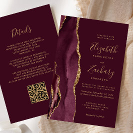 Budget Burgundy Guld Agate QR Code Bröllop