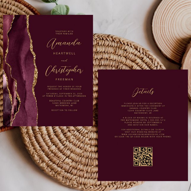 Budget Burgundy Guld Agate QR Code Wedding bjudand (Skapare uppladdad)