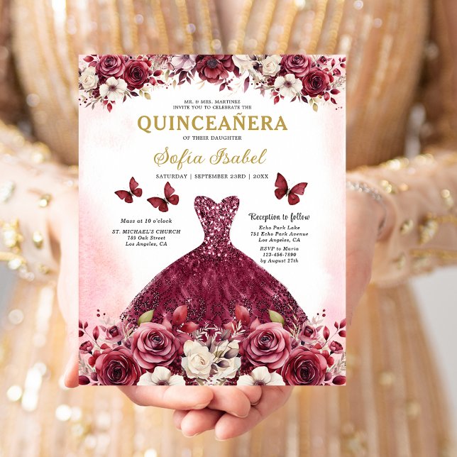 Budget Burgundy Guld Bilingual Spain Quinceanera Flygblad (Skapare uppladdad)