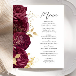 Budget Burgundy Guld Blommig Script Bröllopsmeny