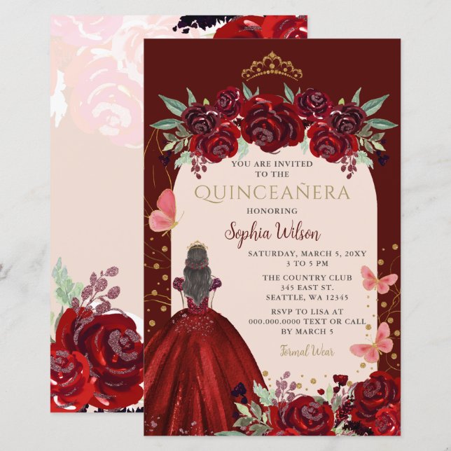 Budget Burgundy Guld Blommigt Princess Quinceañera (Fram/baksida)