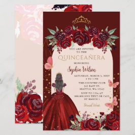 Budget Burgundy Guld Blommigt Princess Quinceañera