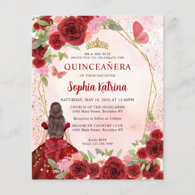Budget Burgundy Guld Blommigt Princess Quinceañera (Framsida)