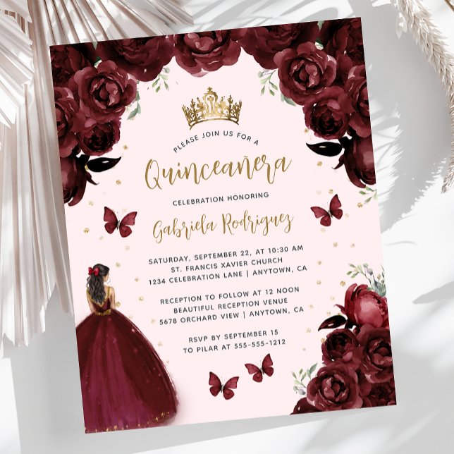 Budget Burgundy Guld Blommigt Princess Quinceañera (Skapare uppladdad)