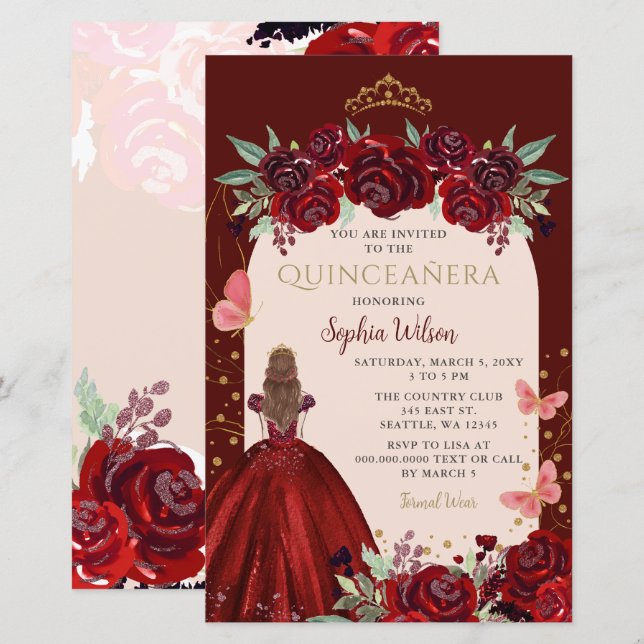 Budget Burgundy Guld Blommigt Princess Quinceañera (Fram/baksida)