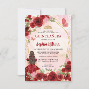 Budget Burgundy Guld Blommigt Princess Quinceañera Anteckningskort