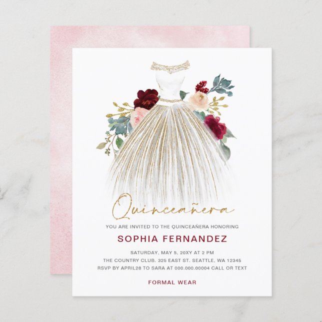 Budget Burgundy guld glitter Dress Quinceañera (Fram/baksida)