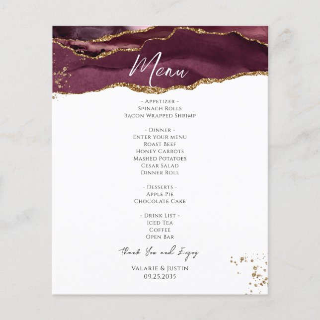 Budget Burgundy Guld Glitter Marble Bröllop Menu Flygblad (Framsidan)