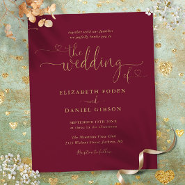 Budget Burgundy Guld Hjärtan Script Bröllopsinbjud