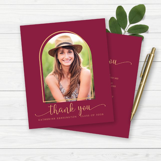 Budget Burgundy Guld Photo Studenten Tack (Budget Burgundy Gold Photo Graduation Thank You Cards)