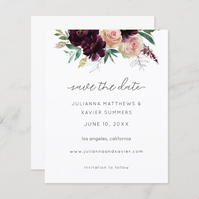 Budget Burgundy & Ljus rosa Blommigt Spara datum (Fram/baksida)