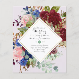 BUDGET Burgundy Marin Blommiga Bröllopsinbjudninga Flygblad