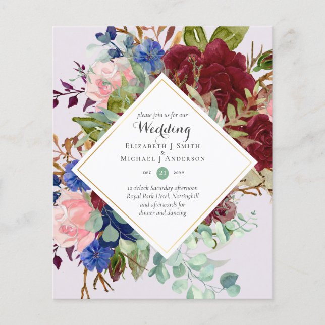 BUDGET Burgundy Marin Blommiga Bröllopsinbjudninga Flygblad (Framsidan)