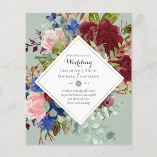 BUDGET Burgundy Marin Blommiga Bröllopsinbjudninga Flygblad