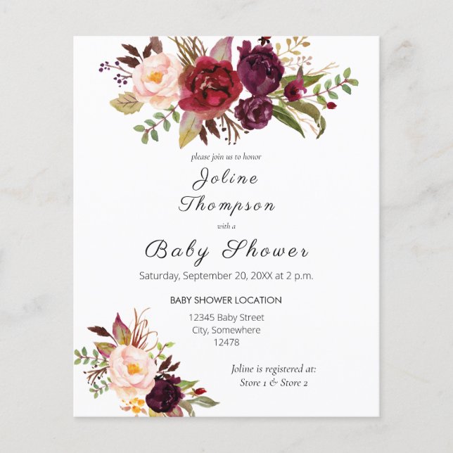 Budget Burgundy Marsala Baby Shower Flyer (Framsidan)