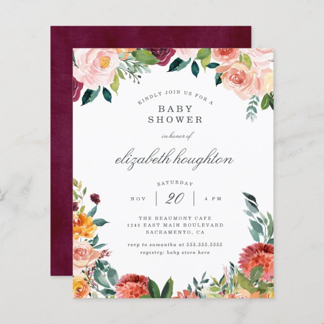 Budget Burgundy Marsala  Blommigt Baby Shower (Fram/baksida)