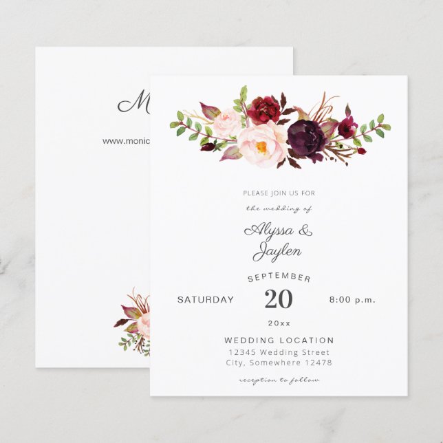 Budget Burgundy Marsala & Rosa Blommigt Bröllop (Fram/baksida)