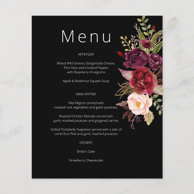 Budget Burgundy Marsala & Rosa Blommigt Menu - Bla Flygblad (Framsidan)