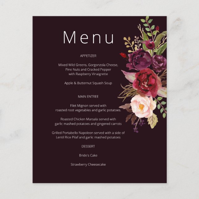 Budget Burgundy Marsala & Rosa Blommigt Menu - Bur Flygblad (Framsidan)