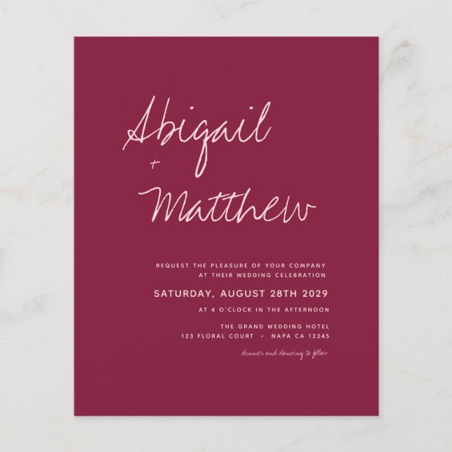 Budget Burgundy minimalistisk bröllopsinbjudan Flygblad (Framsidan)
