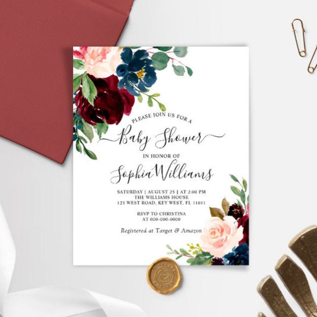 Budget Burgundy & Navy Baby Shower Inbjudan (Skapare uppladdad)