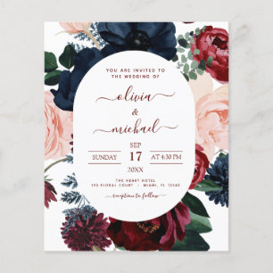 Budget Burgundy Navy Blue Blommigt Bröllop Flygblad