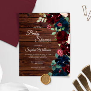 Budget Burgundy & Navy Trä Baby Shower Inbjudan