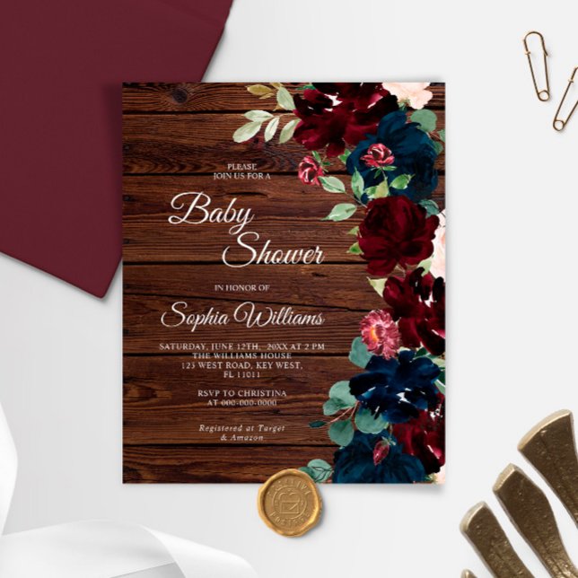 Budget Burgundy & Navy Trä Baby Shower Inbjudan (Skapare uppladdad)
