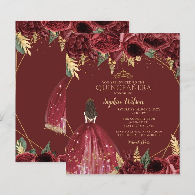 Budget Burgundy Princess Quinceañera-inbjudan (Fram/baksida)