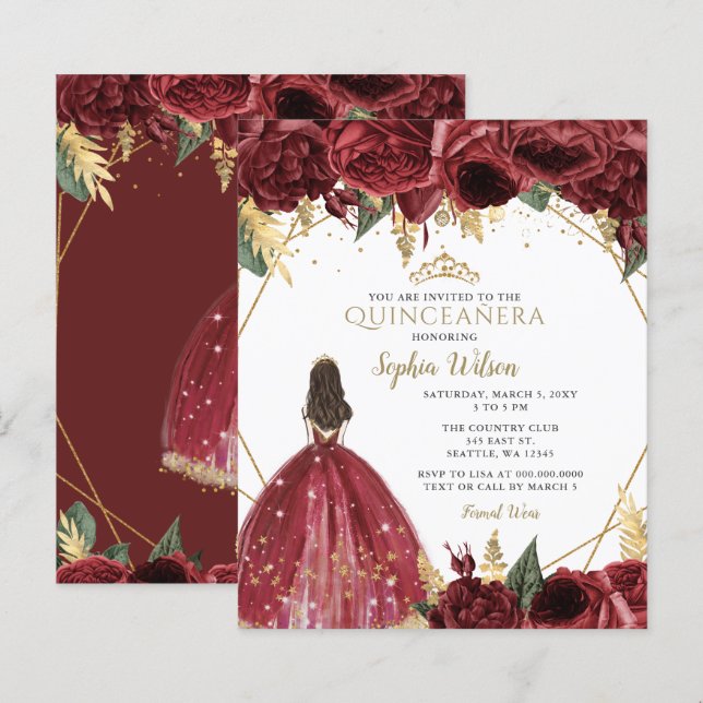 Budget Burgundy Princess Quinceañera-inbjudan (Fram/baksida)