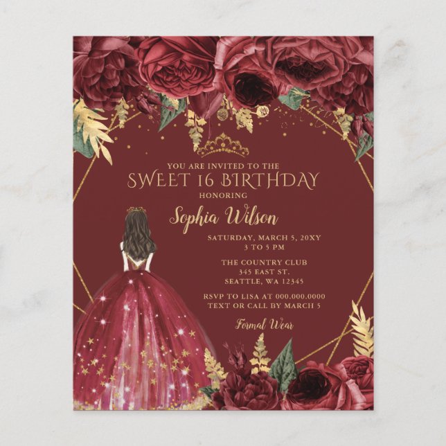 Budget Burgundy Princess Sweet 16:e inbjudan (Framsida)