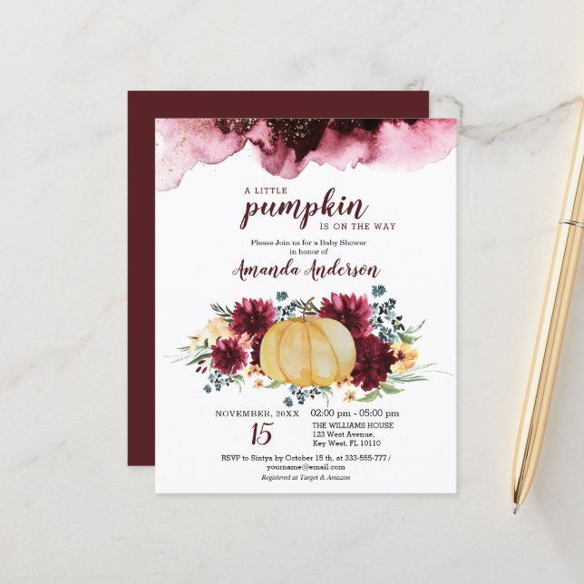 Budget Burgundy Pumpkin Baby Shower-inbjudan (Fram/Back In Situ)