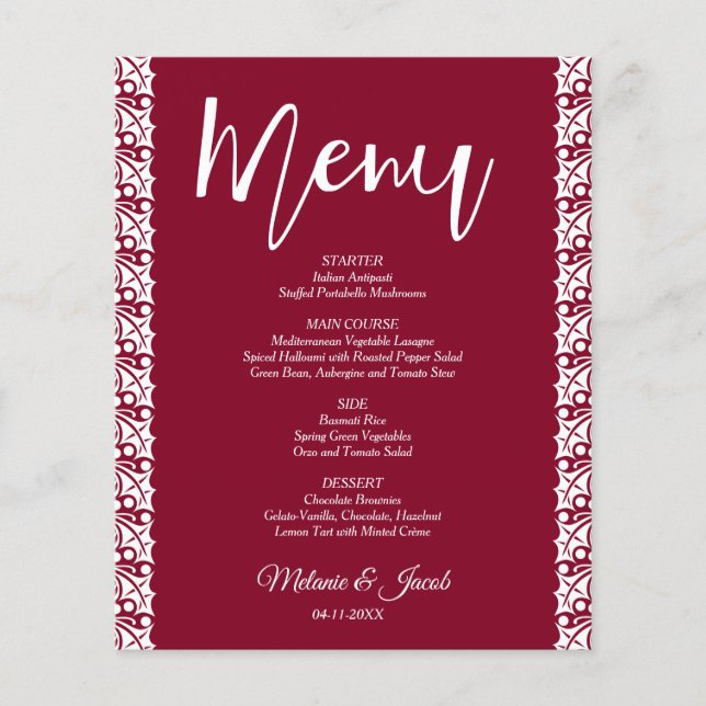 Budget Burgundy Red Elegant bröllop Menu (Framsida)