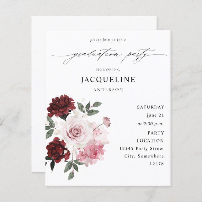 Budget Burgundy Red & Rosa Blommigt Studentfest (Fram/baksida)