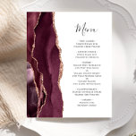 Budget Burgundy Ro Guld Agate Bröllop Menu<br><div class="desc">Den moderna bröllop-menyn på den lämnat kant i eleganten har en burgundröd vattenfärgad agat gräns som trimmas med faux ro guld glitter. I anpassadet kombineras handskriftsskript för kol-grått och typsnitt på vit bakgrund. Den bakomliggande sidan har en matchande burgundisk och ro guld agate-design.</div>