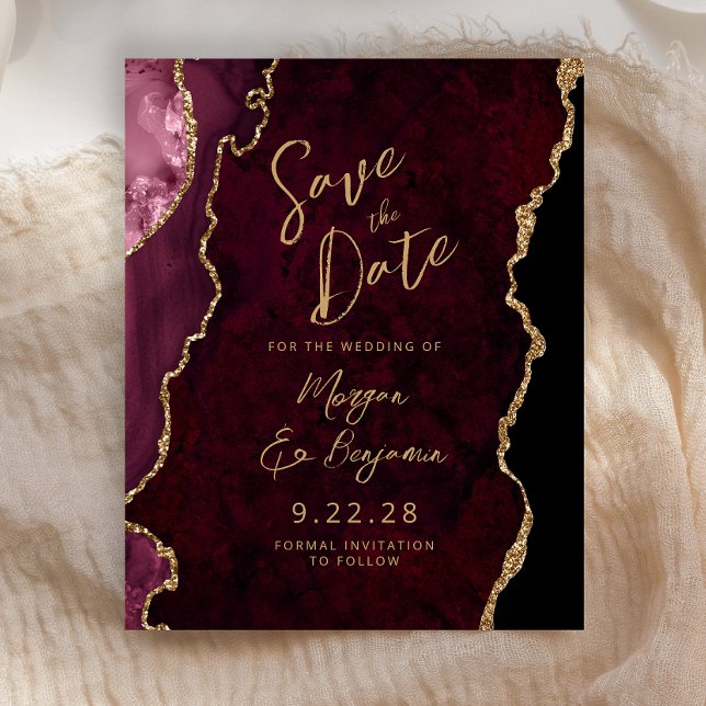 Budget Burgundy Röd Agat Script Save the Date (Skapare uppladdad)