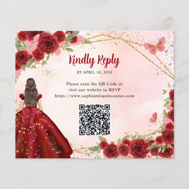 Budget Burgundy Röd Guld Blommig Prinsessa QR RSVP (Framsida)