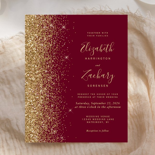 Budget Burgundy Röd Guld Glitter Bröllopsinbjudan (Skapare uppladdad)