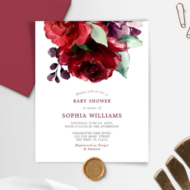 Budget Burgundy Röd ros Baby Shower-inbjudan (Skapare uppladdad)