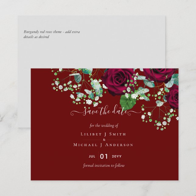 BUDGET Burgundy Röd ros Gypsophila BRÖLLOP Vykort (Fram/baksida)