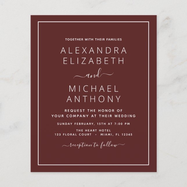 Budget Burgundy Romantic Wedding Flyer (Framsidan)