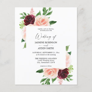 Budget Burgundy &  Rosa 4 Blommigt Bröllop Flygblad