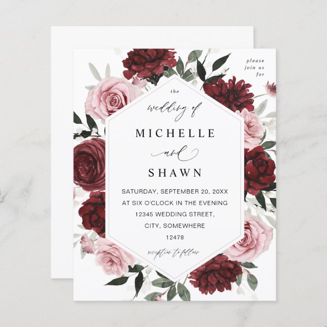 Budget Burgundy &  Rosa 6 Blommigt Bröllop (Fram/baksida)