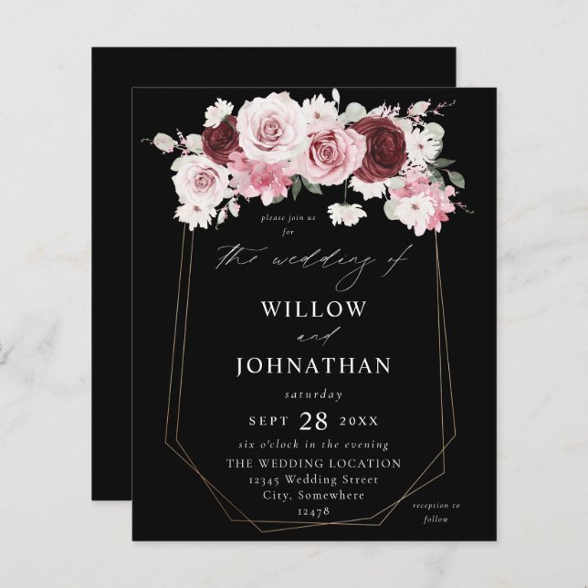 Budget Burgundy &  Rosa 6 Ele Blommigt Bröllop B (Fram/baksida)