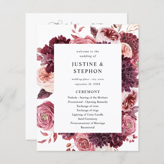 Budget Burgundy &  Rosa 8B Bröllop Ceremony (Fram/baksida)